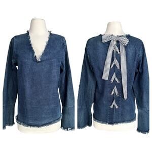 NWT Moelleux Denim Gingham lace up back corset bow cottagecore blue Top Medium